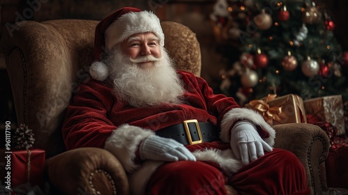 Santa Claus sitting in an armchair in a Christmas decorated living room, dressed as Santa Claus, with Christmas decorations around him