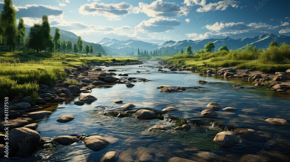 Summer landscape with blue cloudy sky reflection Summer landscape with blue cloudy sky reflection