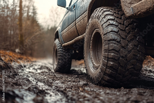 Lifted truck with oversized tires driving off-road