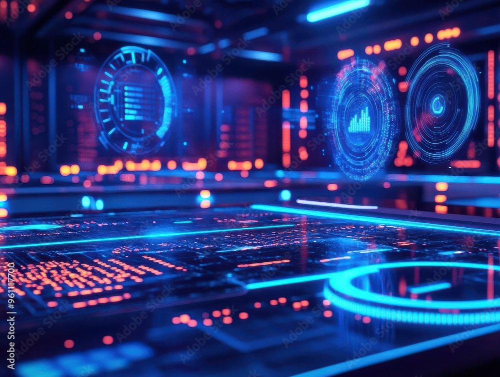 Futuristic technology interface with glowing blue and red lights in a dark room. Futuristic technology interface with glowing blue and red lights in a dark room.