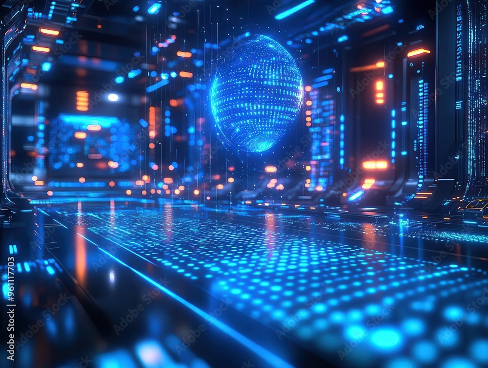 Obraz premium Futuristic digital world with glowing blue sphere.