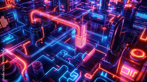 Craft a futuristic hologram portraying a top-down perspective of a data warehouse, with data flowing like neon rivers in an augmented reality setting