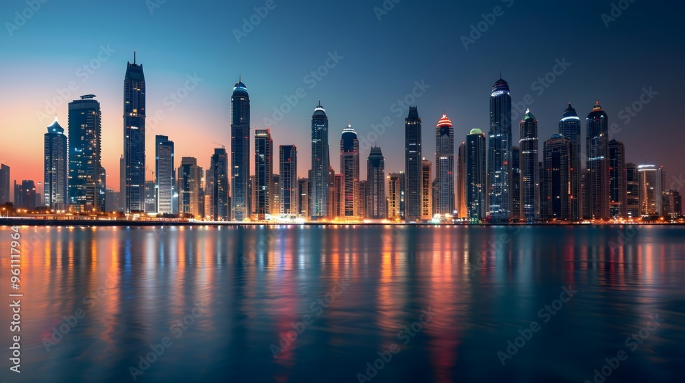 Obraz premium Dubai Skyline at Dusk with Reflections in Water