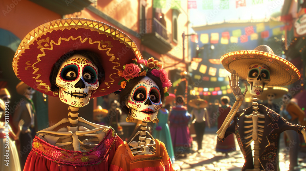 Fototapeta premium Festive Day of the Dead skeletons in traditional dress at colorful street celebration