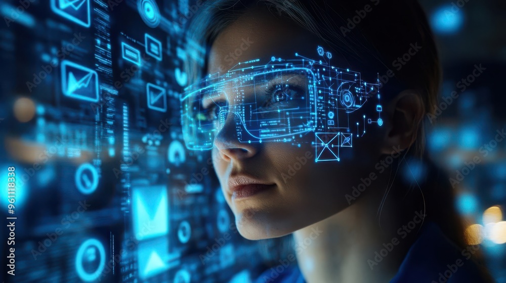 Woman wearing futuristic VR glasses interacting with digital data. Woman wearing futuristic VR glasses interacting with digital data.