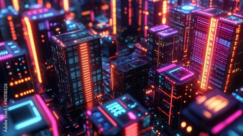 Neon cityscape with glowing buildings and vibrant colors.