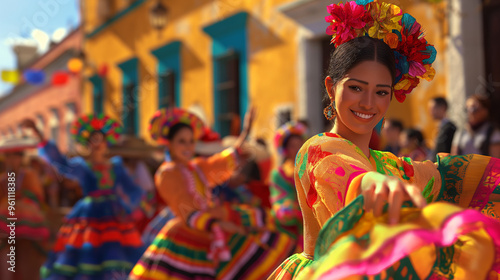 Smiling Woman in Traditional Mexican Dress Dancing in a Colorful Street Parade