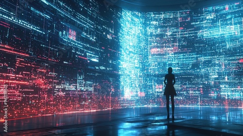 A silhouetted figure stands in front of massive, curved digital screens filled with complex data. The screens emit bright blue and red lights and are covered in intricate patterns that resemble the el