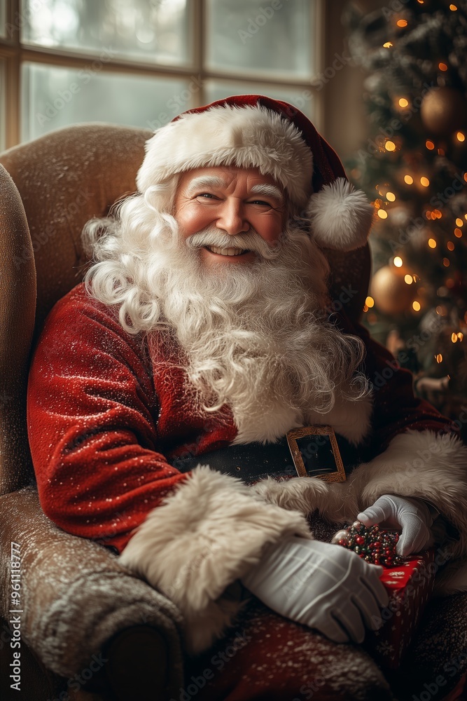 Obraz premium Santa Claus sitting in an armchair in a Christmas decorated living room, dressed as Santa Claus, with Christmas decorations around him