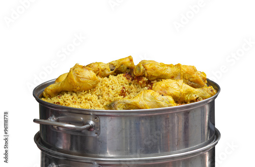 Chicken Biryani with basmat rice and Ingredients on white background. photo