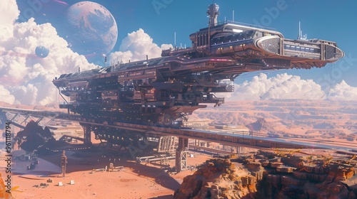 Fototapeta Naklejka Na Ścianę i Meble -  Futuristic Space Station Landing on a Desert Planet