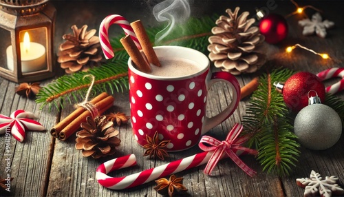 Christmas hot chocolate, candy cane, cinnamon sticks, and festive decorations.