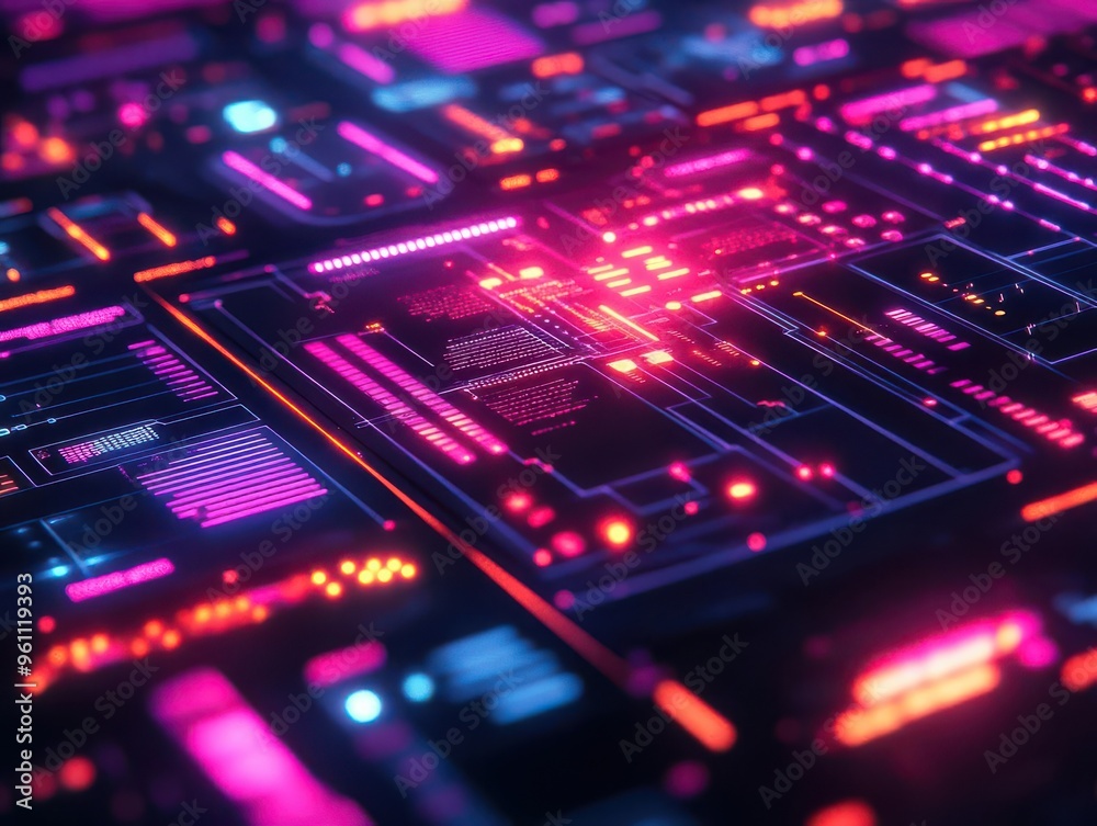 Abstract digital circuit board with glowing neon lights. Abstract digital circuit board with glowing neon lights.