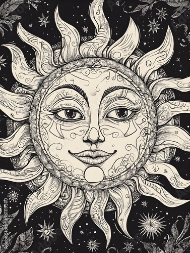 Intricate sun face illustration