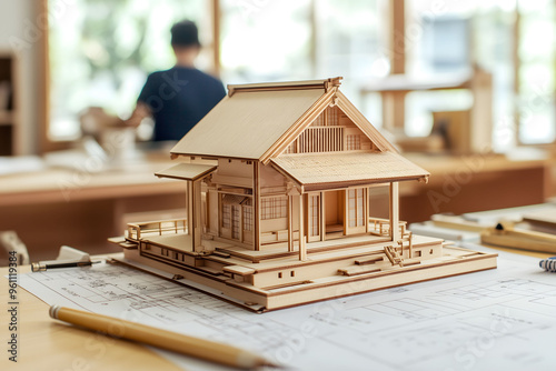 A model of a Japanese house sits on the architect's desk in his office.