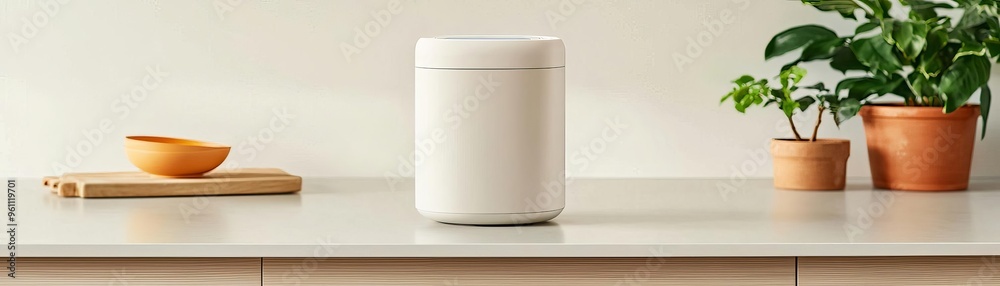 Fototapeta premium White rectangular speaker on a wooden counter top.