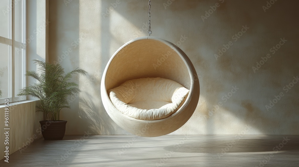 Modern Egg Chair Hanging in Minimalist Room Interior Design Modern Egg Chair Hanging in Minimalist Room Interior Design