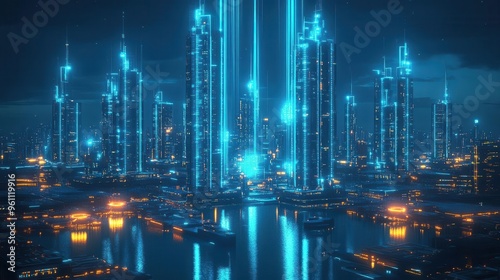 Wallpaper Mural Futuristic cityscape with glowing blue skyscrapers and neon lights reflecting on the water. Torontodigital.ca