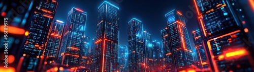 Futuristic cityscape with glowing skyscrapers