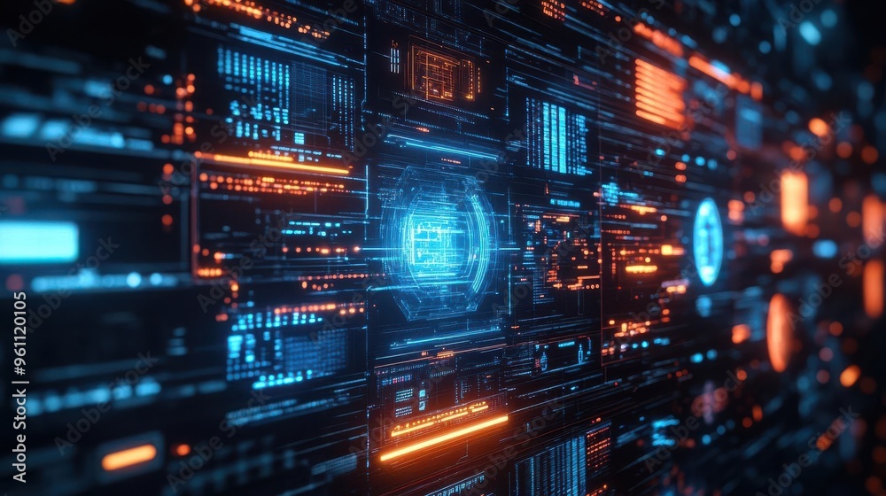 Abstract futuristic digital interface with glowing blue and orange lines. Abstract futuristic digital interface with glowing blue and orange lines.