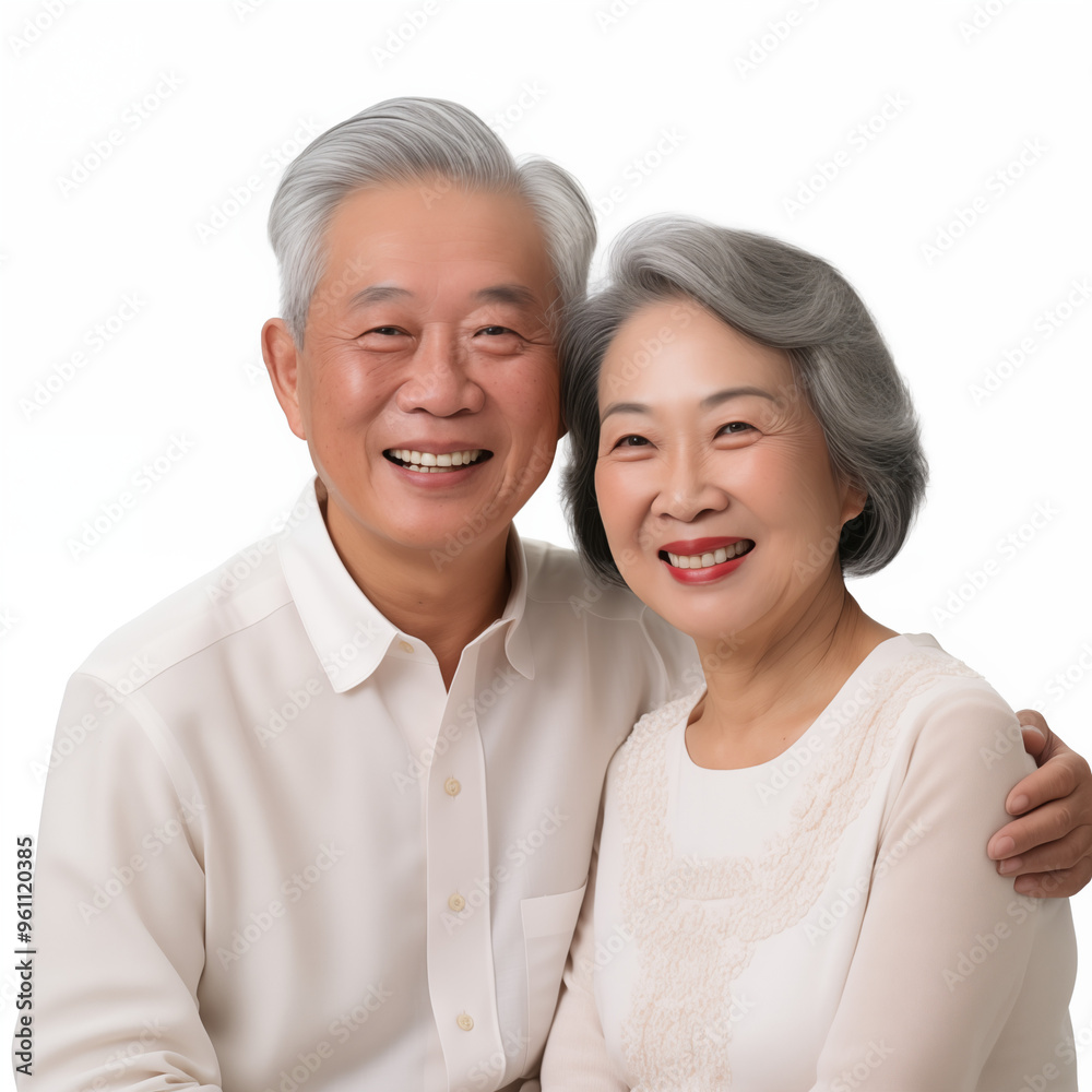 Couple photo of an elderly man and elderly woman, Asian, kind-looking, white skin, smiling, looking straight ahead isolated on white background. Couple photo of an elderly man and elderly woman, Asian, kind-looking, white skin, smiling, looking straight ahead isolated on white background.