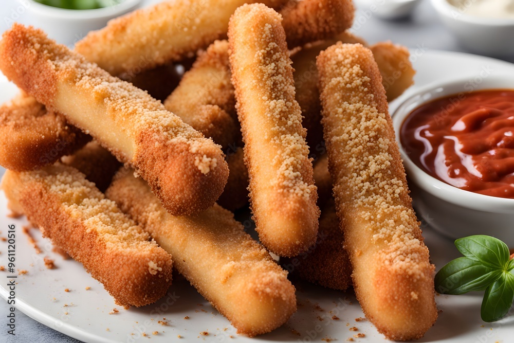 Mozzarella sticks with a crispy coating served with marinara sauce for dipping, AI Generated Mozzarella sticks with a crispy coating served with marinara sauce for dipping, AI Generated