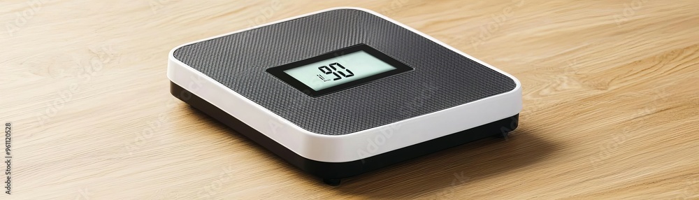 Fototapeta premium White digital scale on a wooden table top.