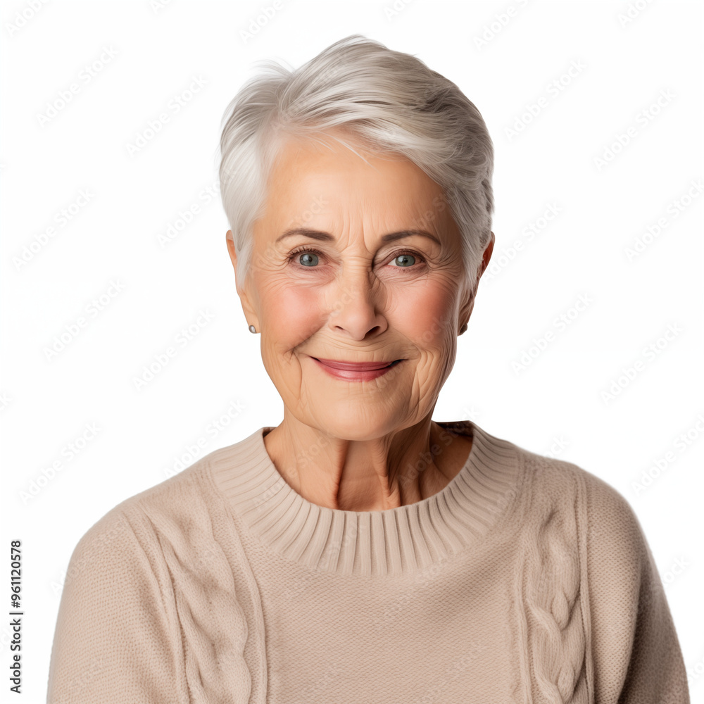 An elderly European woman with a kind expression, white hair in a neat bun, a slight smile, wearing a cream-colored sweater. Looking straight ahead isolated on white background. An elderly European woman with a kind expression, white hair in a neat bun, a slight smile, wearing a cream-colored sweater. Looking straight ahead isolated on white background.