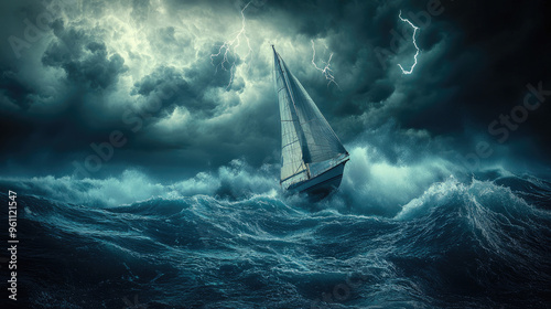 A small solitary yacht battling a storm in the open ocean.
