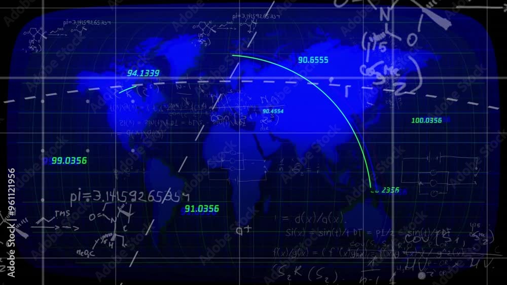 Mathematical equations and coordinates animation over blue world map Mathematical equations and coordinates animation over blue world map