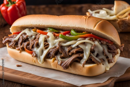 Philly cheesesteak with thinly sliced beef melted provolone sauted onions and bell peppers, AI Generated photo