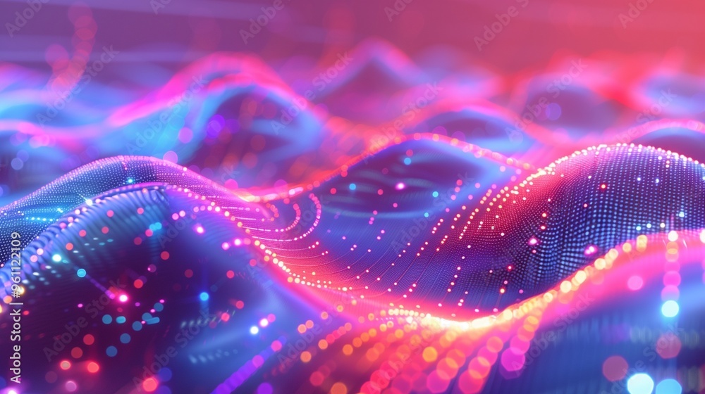 A vibrant digital wave pattern with pulsing lights and intricate geometric shapes