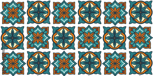 Seamlless pattern of a belle epoque texture design set in blue green - orange red tones geometric ornament