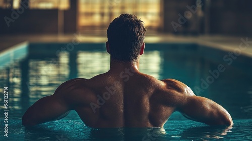 Athlete in Swimsuit, Body in Relaxed State, Swimming Pool Background