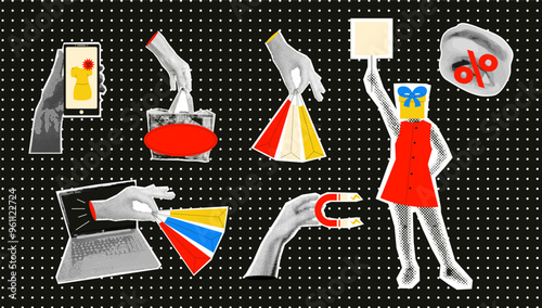 A set of stickers with collage halftone effect. Retro elements on the theme of online shopping, sale, black friday and other. Vector illustration