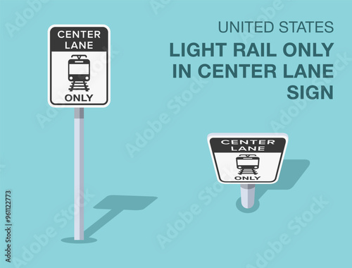 Traffic regulation rules. Isolated United States "light rail only in center lane" road sign. Front and top view. Flat vector illustration template.