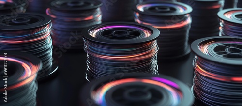 Collection of fiber optic cable reels featuring intertwined optical fibers photo