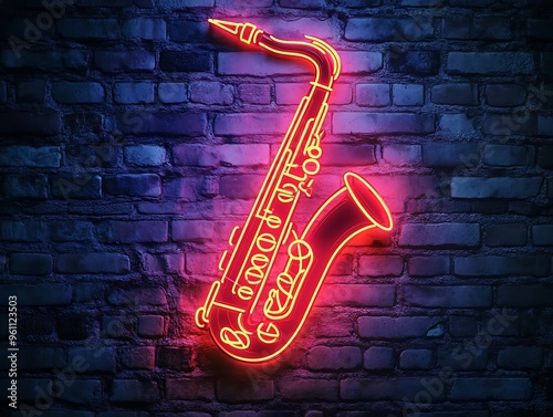 saxophone shaped neon sign on a brick wall, jazz trend