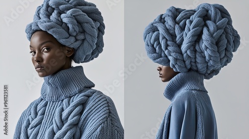 Bold Burgundy Knitwear: Avant-Garde Fashion Poster Showcasing Artistic Sweater & High-Waisted Trousers for a Confident, Modern Interior Aesthetic