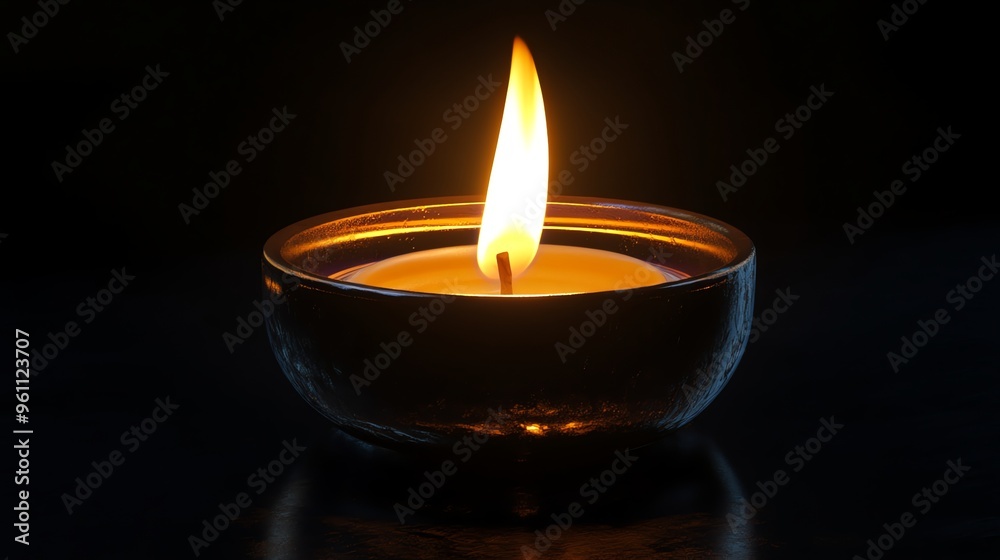 A single candle flame glows in the dark, casting a warm light. A single candle flame glows in the dark, casting a warm light.