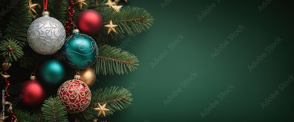 Christmas decoration on Christmas tree on green background with copy space