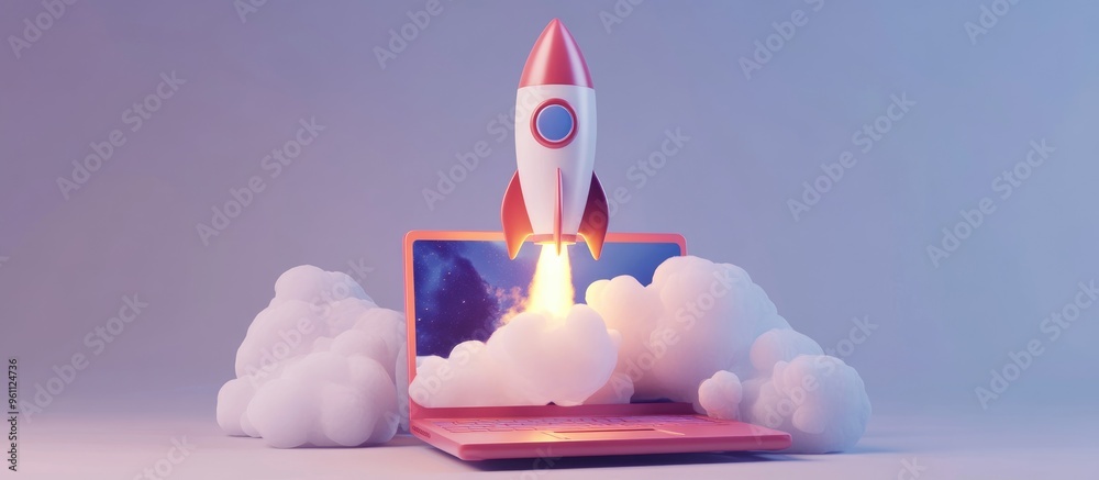 Innovative laptop and rocket with smoke and blast for liftoff representing a creative concept Enhancing applications and workflows symbolizing startup and rapid growth Innovative laptop and rocket with smoke and blast for liftoff representing a creative concept Enhancing applications and workflows symbolizing startup and rapid growth