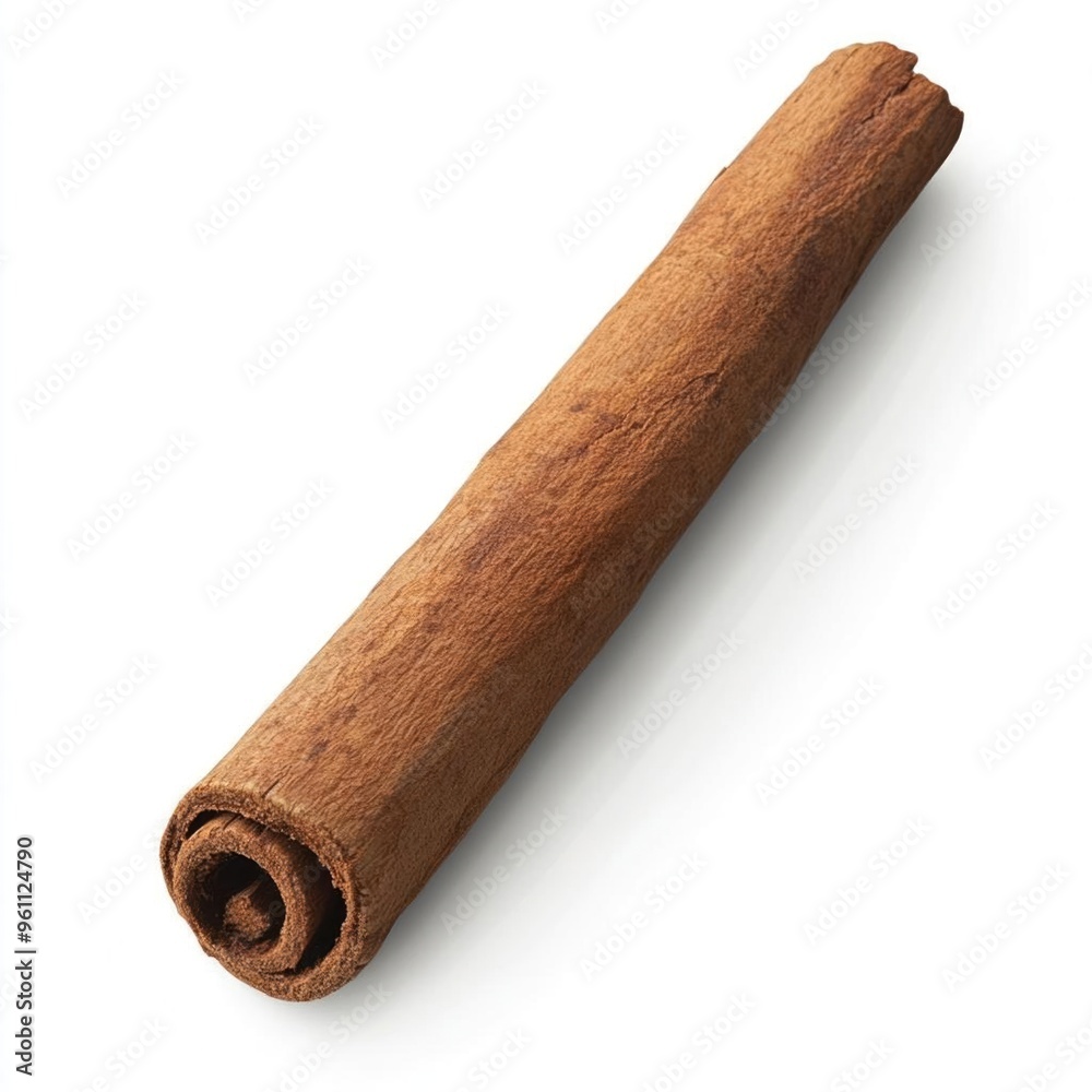 A single cinnamon stick on a white background, with a slight shadow underneath. A single cinnamon stick on a white background, with a slight shadow underneath.