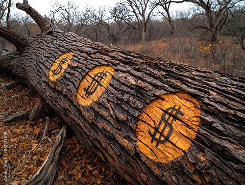 A weathered log marked with dollar signs, blending nature with financial themes in a serene outdoor setting. photo