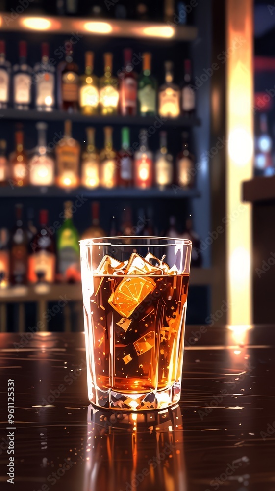a glass of whiskey sits on a bar counter. a glass of whiskey sits on a bar counter.