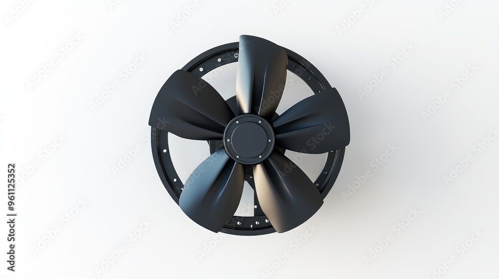 Fototapeta premium Industrial black ventilator with five blades isolated on a white background