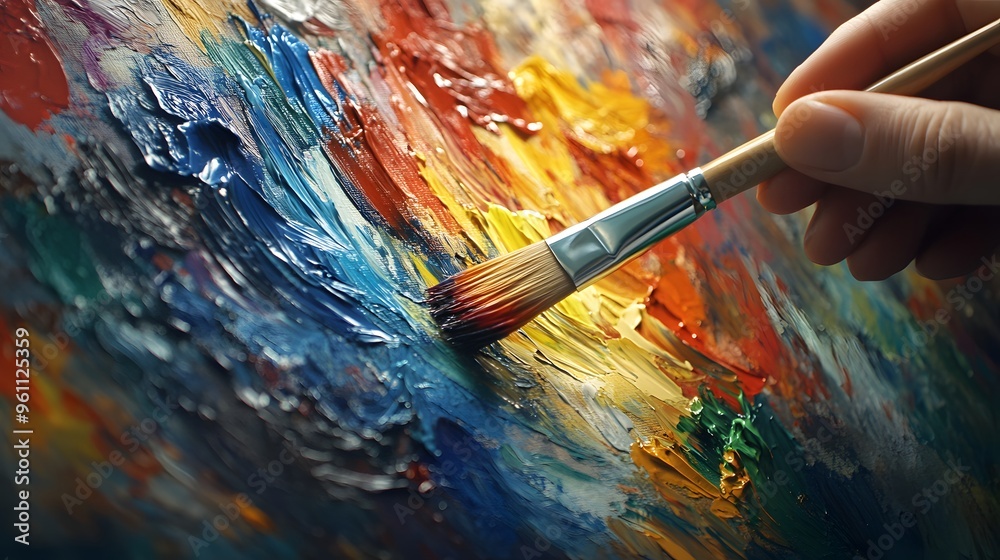 Artist’s Hand Holding a Paintbrush: An artist's hand holding a paintbrush mid-stroke, with vivid paint colors splashing onto a canvas.
Artist’s Hand Holding a Paintbrush: An artist's hand holding a paintbrush mid-stroke, with vivid paint colors splashing onto a canvas.