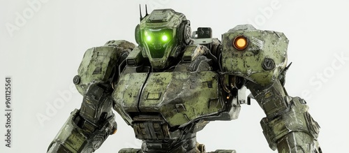 Futuristic mech soldier on a white background Military robot featuring green and gray metal operated by a pilot with scratched armor 3D illustration of mech combat