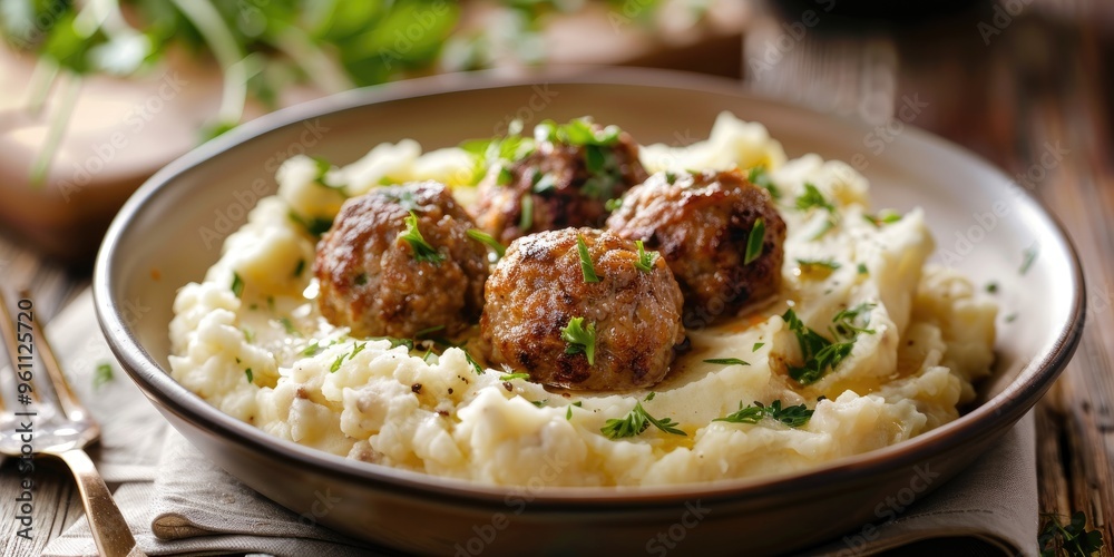 Meatballs accompanied by smooth mashed potatoes Meatballs accompanied by smooth mashed potatoes