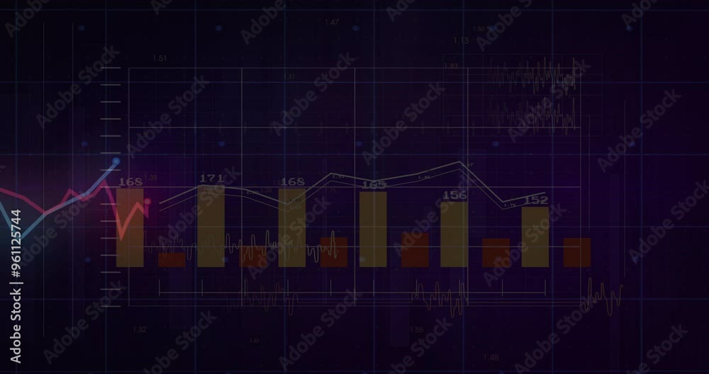 Bar and line charts with fluctuating data points, financial analysis animation Bar and line charts with fluctuating data points, financial analysis animation